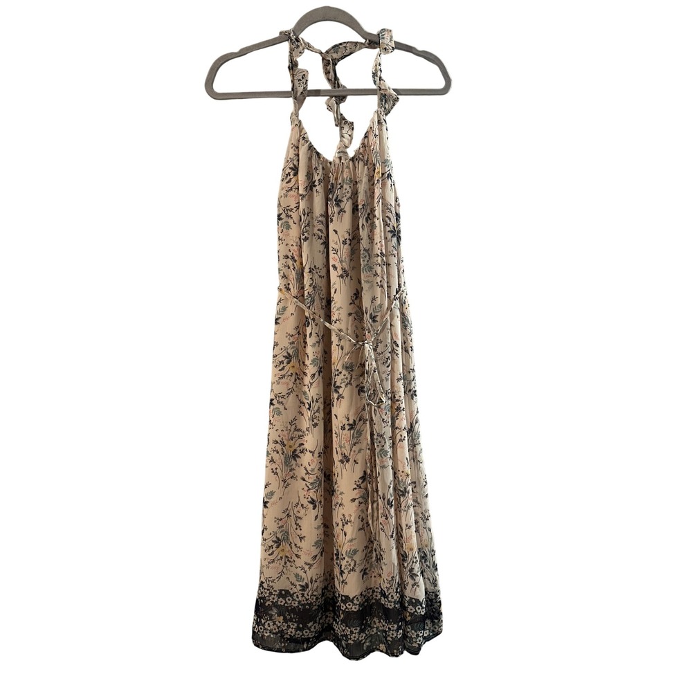 Motherhood Maternity Floral Halter Midi Dress Cream Pink Blue Ruffle Neck Medium